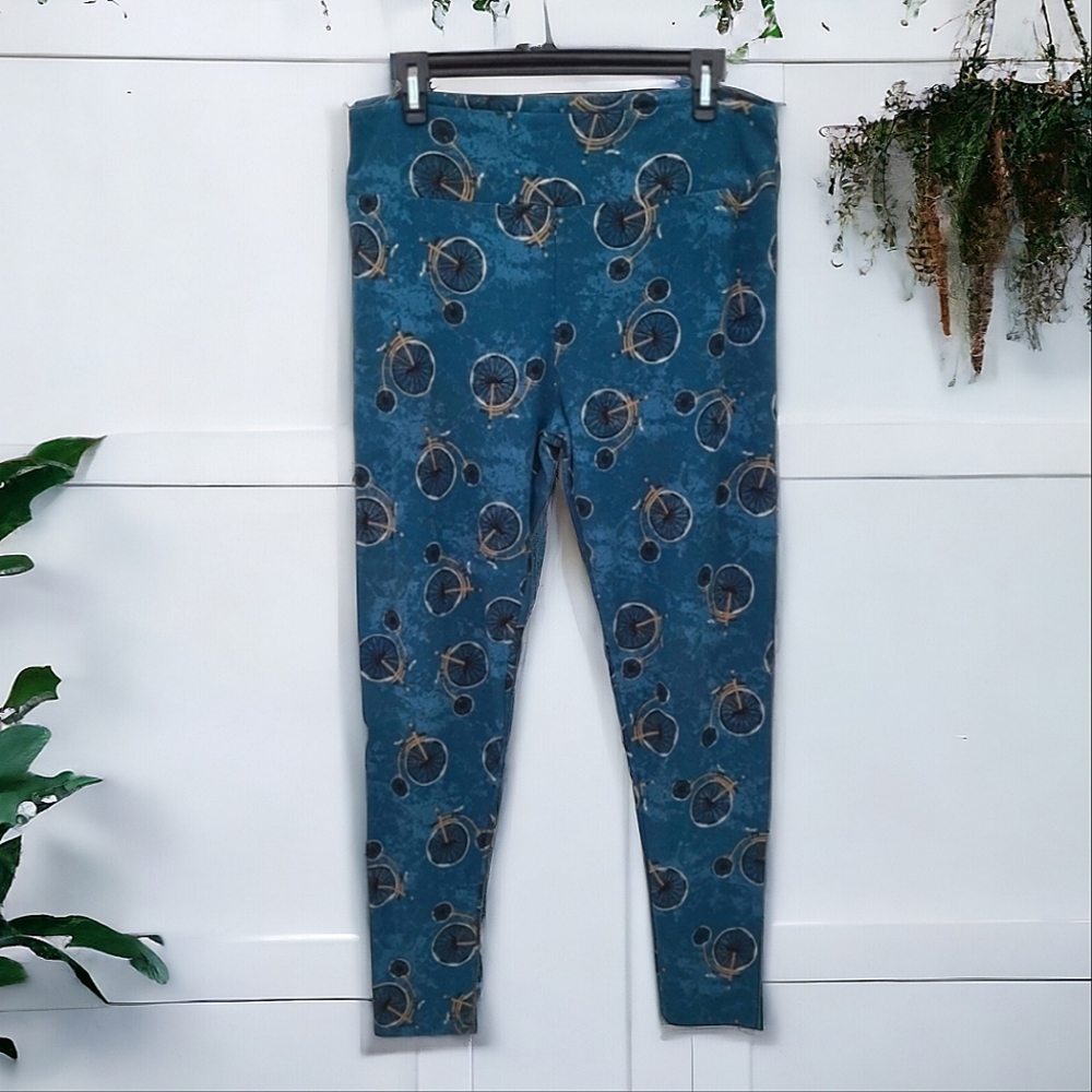 LuLaRoe Women's Teal Blue Penny Farthing Bicycle Print Leggings Size Medium